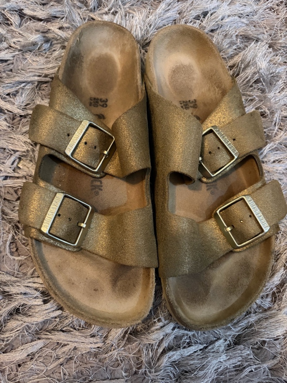 Birkenstock Double-Buckle Metallic Bronze Slide Sandals